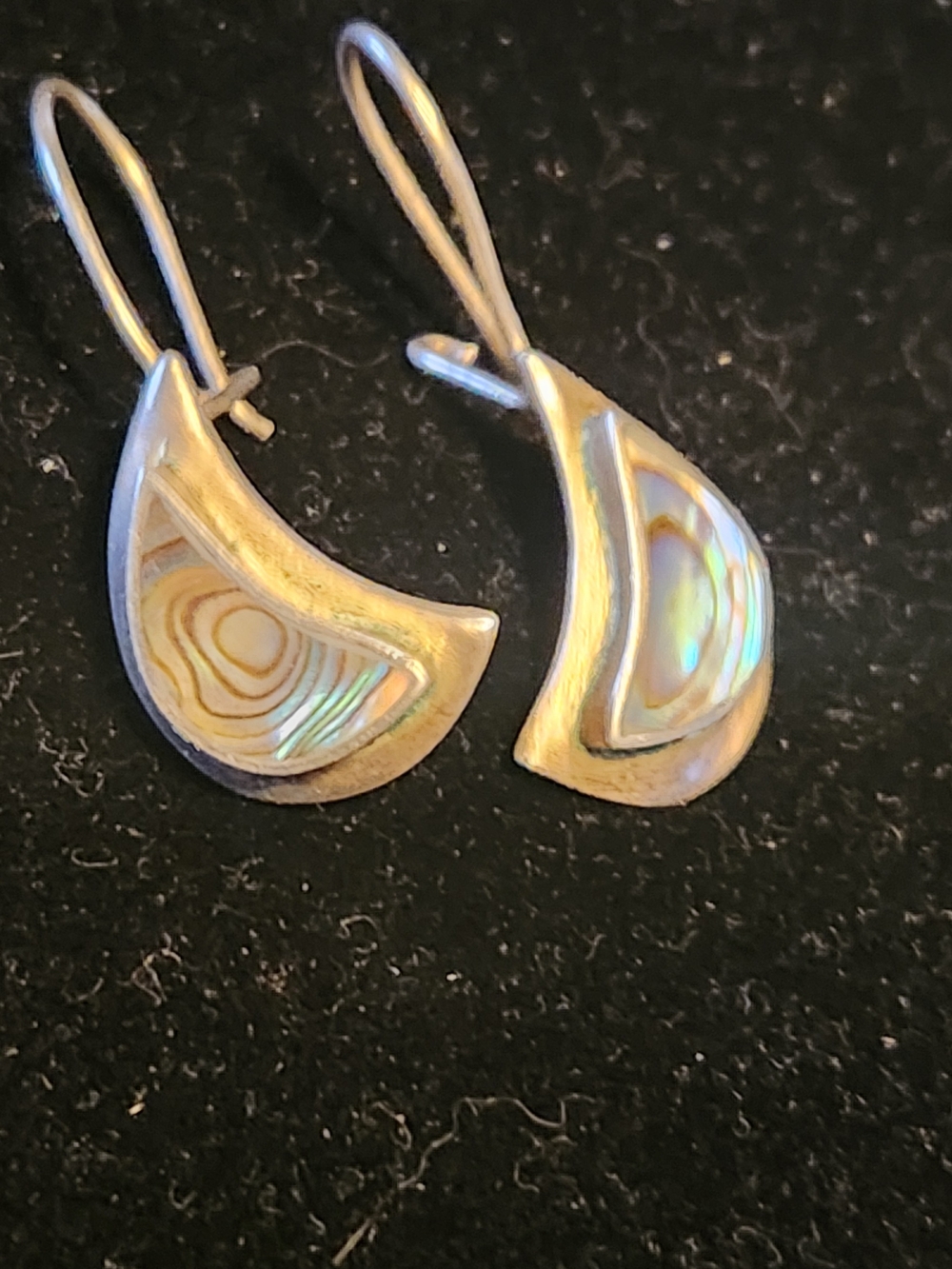 Sterling Silver Abalone Drop Earrings - Iridescent Green. 1.2" Signed.